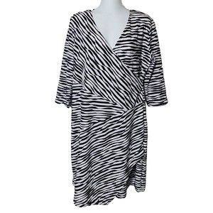 Chicos Dress Womens 2 Large Black White Striped Surplice Faux Wrap Midi Stretchy